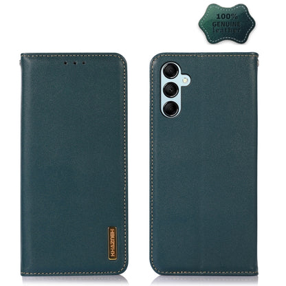 Green genuine leather phone case with stitched edges and camera cutouts