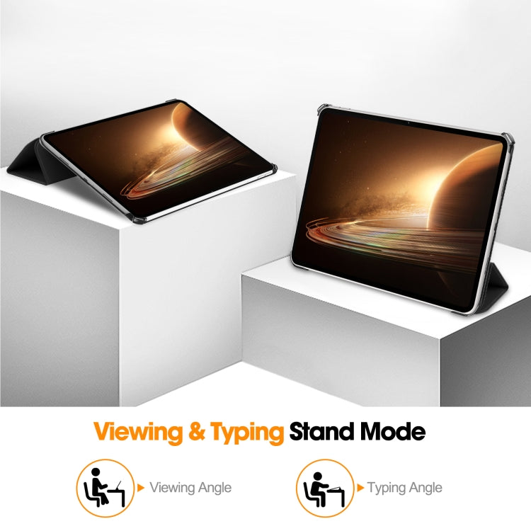 3-fold smart tablet case folded into viewing and typing stand positions, black