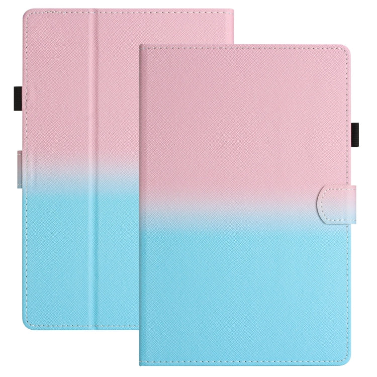 Gradient leather-look tablet case with magnetic flap, light pink and blue tones, stitched trim