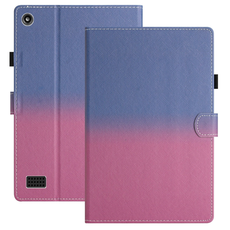 Tablet case folio with blue-to-pink gradient leather, stitched edges, camera cutout