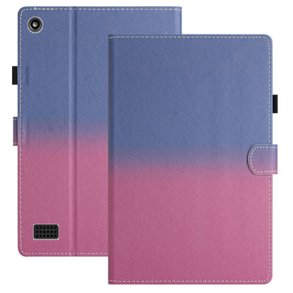 Tablet case folio with blue-to-pink gradient leather, stitched edges, camera cutout