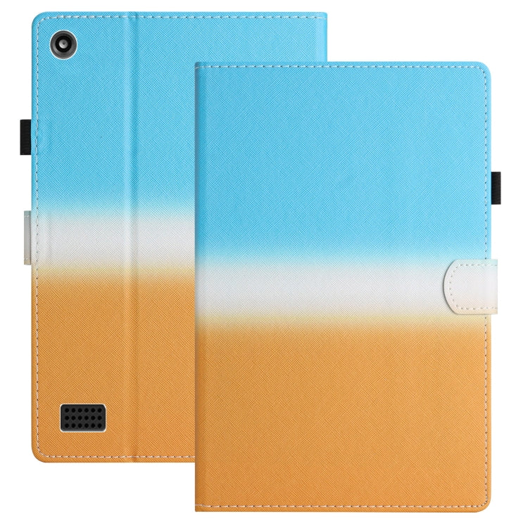 Tablet case folio with blue-to-orange gradient leather, stitched edges, camera cutout