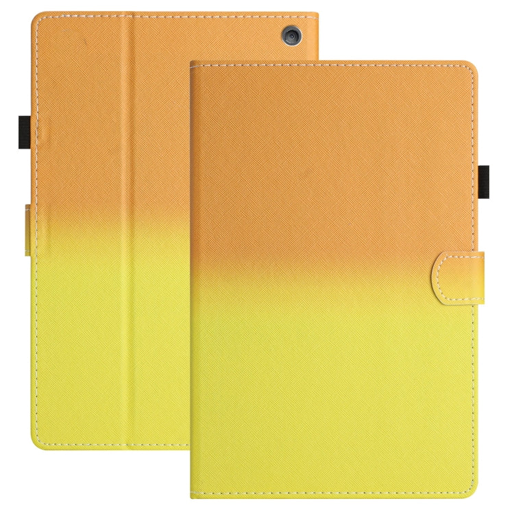 Gradient leather tablet case with stitched edges, front flap, and camera cutout; orange-yellow to yellow.
