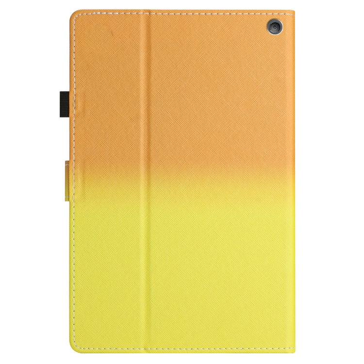 Gradient leather tablet case with front flap and camera opening; orange top to yellow bottom.