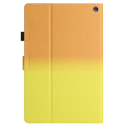 Gradient leather tablet case with front flap and camera opening; orange top to yellow bottom.