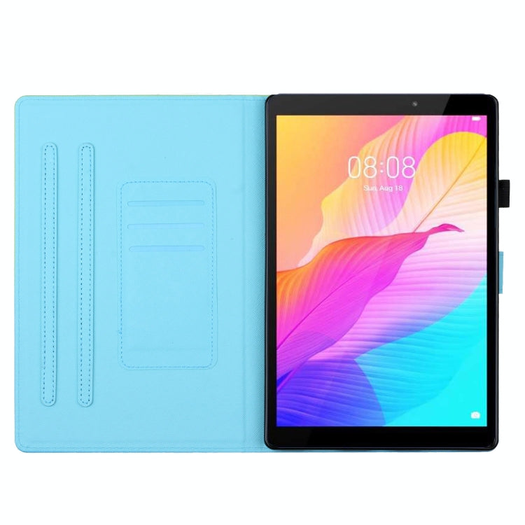 Folio leather tablet case with stitched interior and front flap; light blue, supports tablet view.