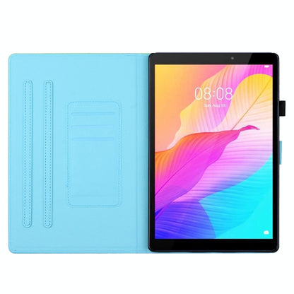 Folio leather tablet case with stitched interior and front flap; light blue, supports tablet view.