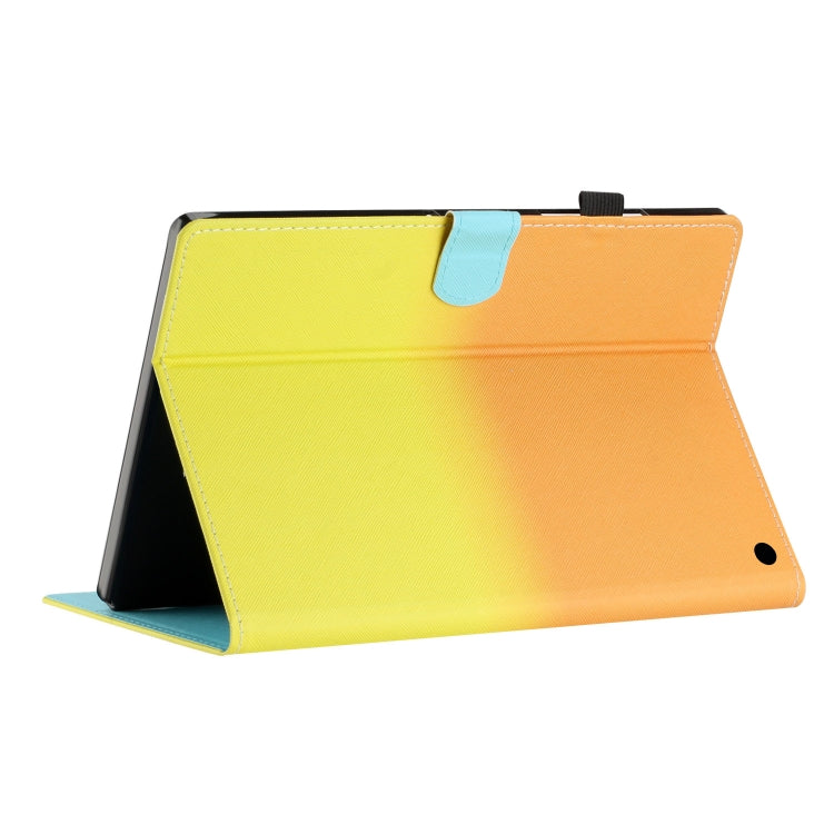 Gradient leather folio tablet case with stand angle; yellow to orange with blue accent tab.