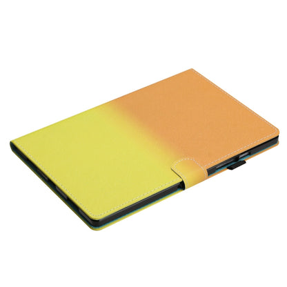 Gradient leather tablet case folio with front flap; yellow to orange, rounded strap detail.