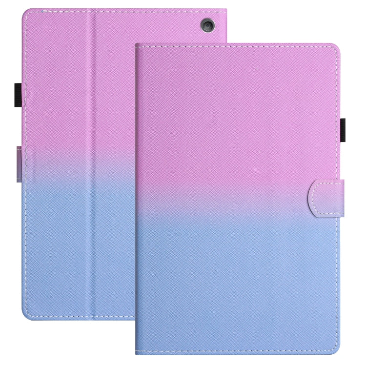 Gradient leather tablet case with stitched edges and front flap; purple to light blue with camera hole.