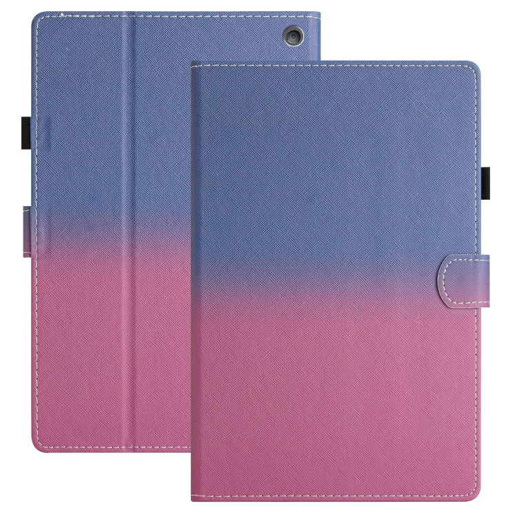 Gradient leather tablet folio case in blue to pink, stitched edges, front flap.