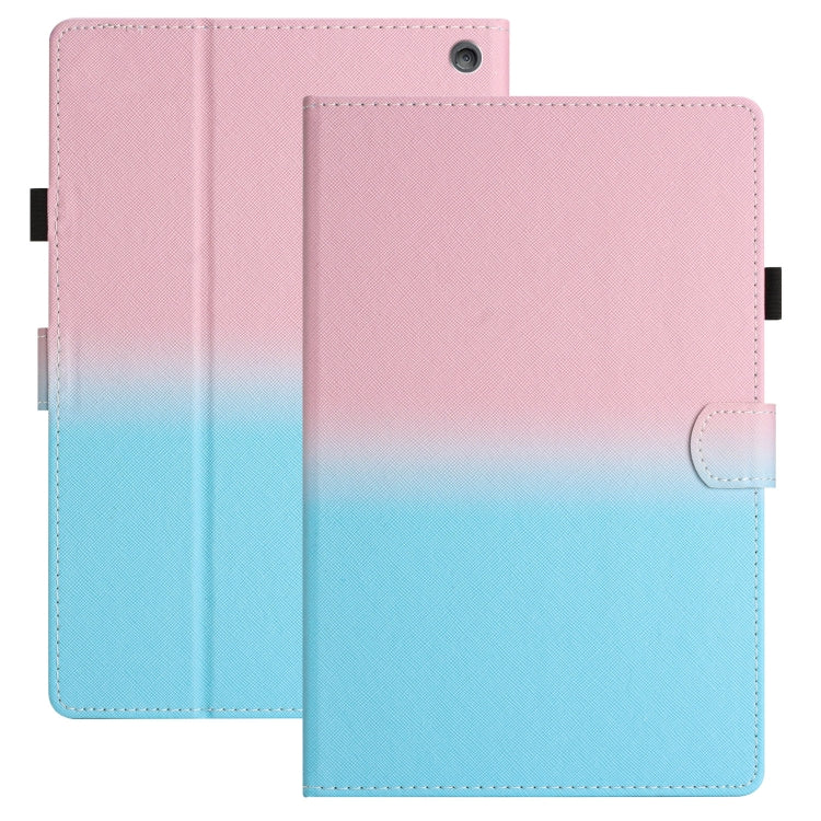 Gradient leather tablet folio case in pink to blue, stitched edges, front flap.