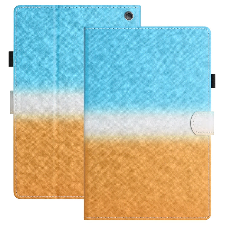 Gradient leather tablet folio case in light blue to orange, stitched edges, front flap.