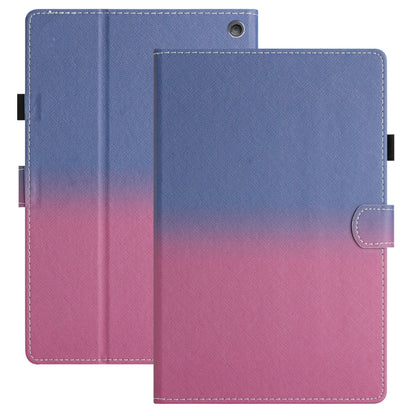 Gradient leather tablet case, blue-to-pink fold cover with stitched edges and camera cutout