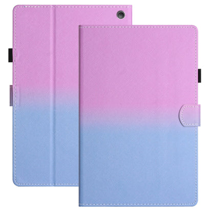 Gradient leather tablet case, purple-to-pink fold cover with stitched edges and camera cutout