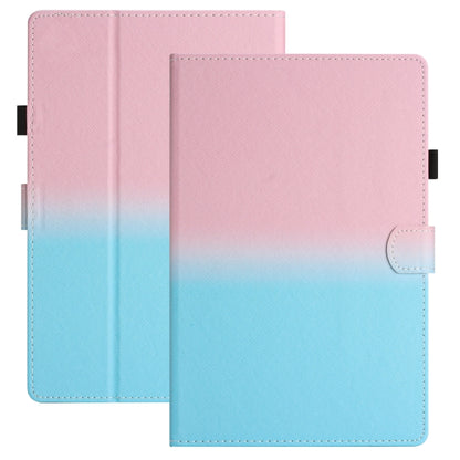 Gradient leather tablet case, pink-to-blue fold cover with stitched edges and camera cutout