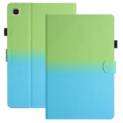 Gradient leather tablet case with stitched edges, front flap, and camera cutout (green to blue)