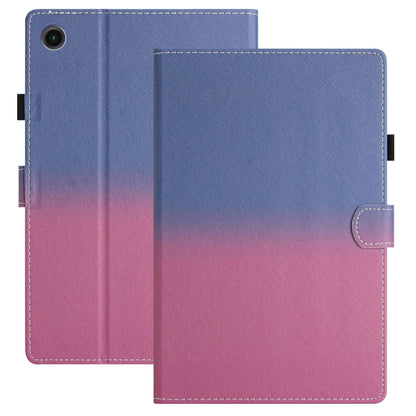 Gradient leather tablet case with stitched edges, front flap, and camera cutout (blue to pink)