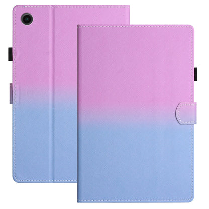 Gradient leather tablet case with stitched edges, front flap, and camera cutout (purple to blue)