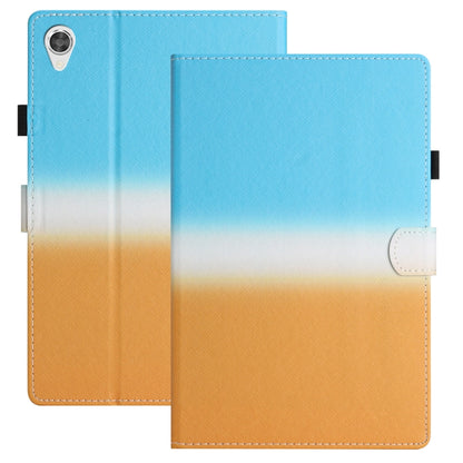 Stitching gradient leather tablet case, light blue to orange with magnetic flap and camera slot