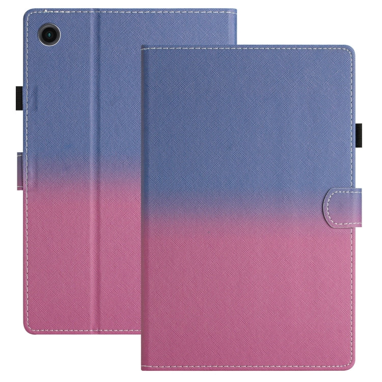 Gradient leather tablet case with stitched edges, blue-to-pink folio and camera opening