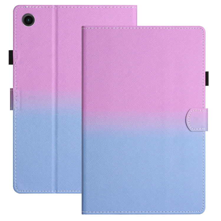 Gradient leather tablet case with folio cover and stitched edges, purple to blue.