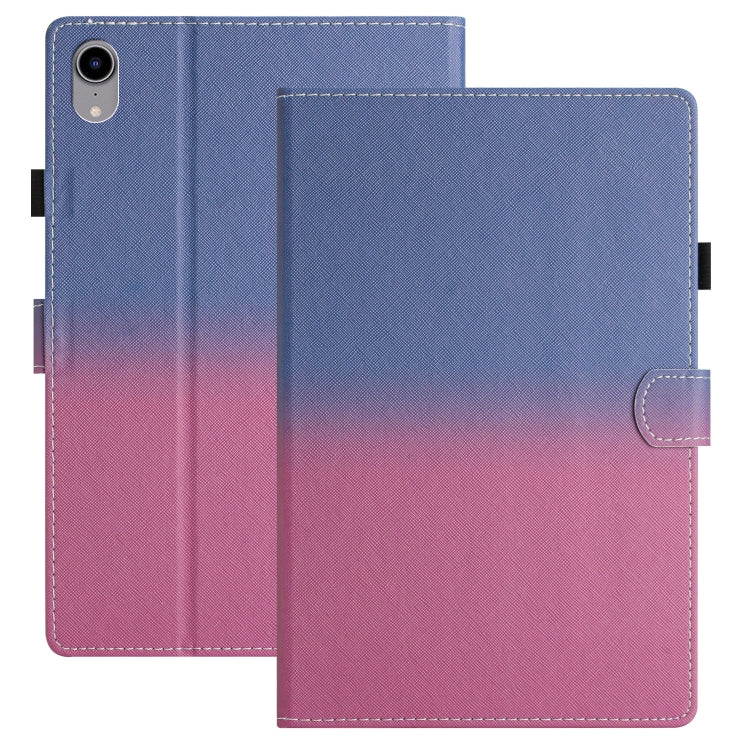 Gradient leather tablet case with folio cover and stitched edges, blue to pink.