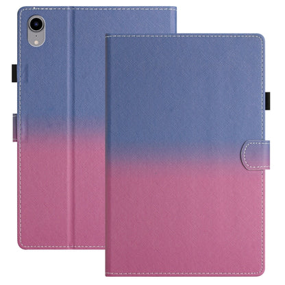 Gradient leather tablet case with folio cover and stitched edges, blue to pink.