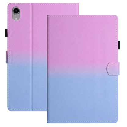 Gradient leather tablet case with folio cover and stitched edges, purple to blue.
