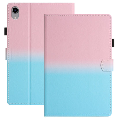Gradient leather tablet case with stitched edges, pink to light-blue front flap