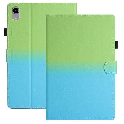 Gradient leather tablet case with stitched edges, green to blue front flap