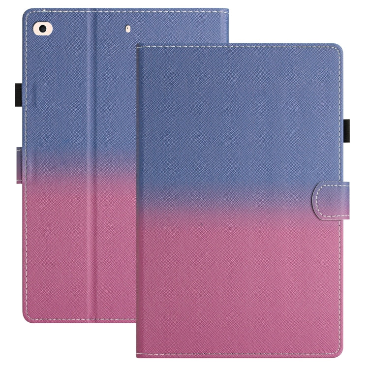 Gradient leather tablet folio case, blue-to-pink with stitched edges and front flap tab