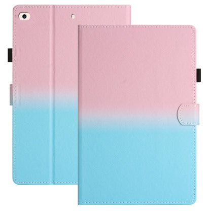 Gradient leather tablet folio case, pink-to-blue with stitched edges and front flap tab