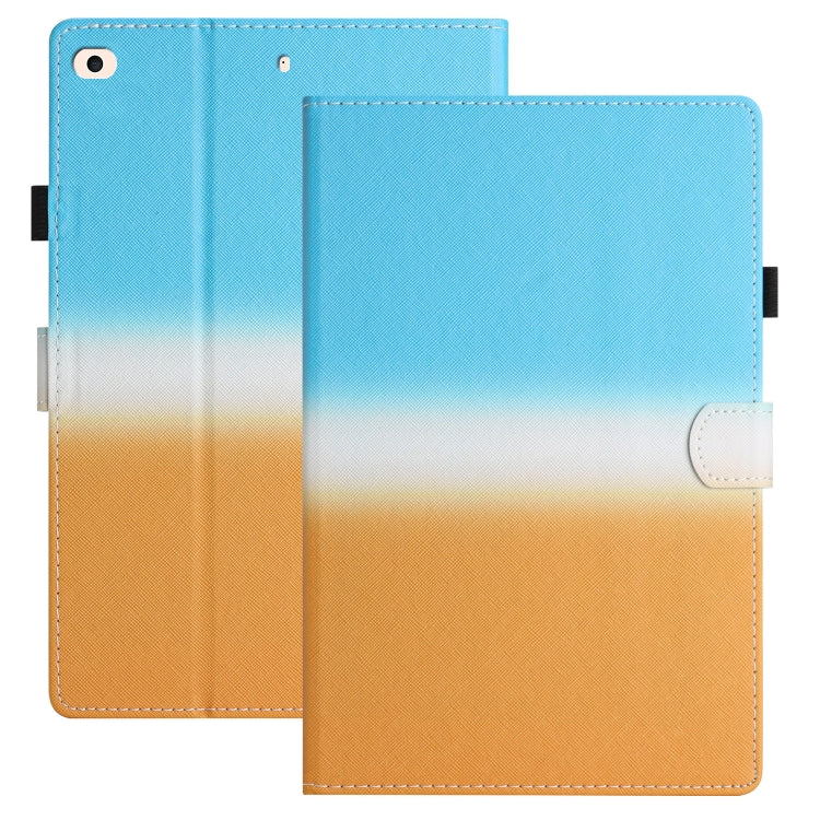 Gradient leather tablet folio case, light blue-to-orange with stitched border and snap/slot cutout