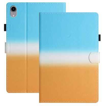 Leather tablet case with blue-to-orange gradient, flip cover, and round camera cutout