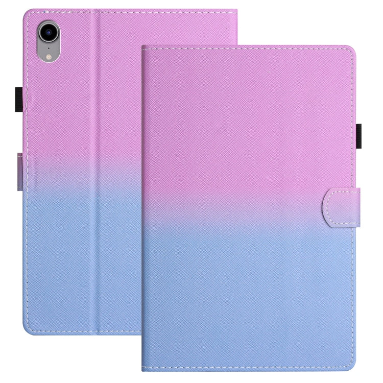 Leather tablet case with purple-to-blue gradient, side strap tab and stitched edges