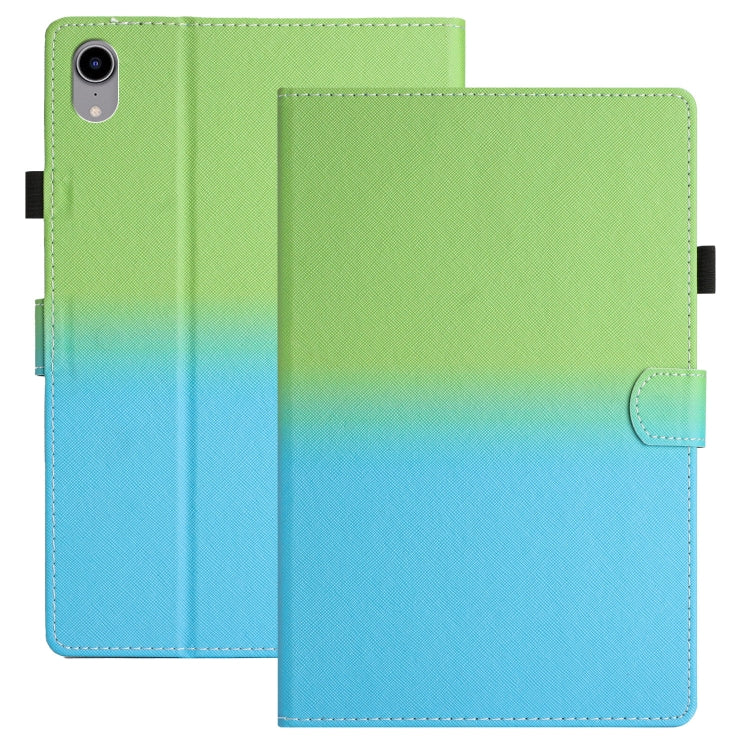Leather tablet case with green-to-blue gradient, side strap tab and stitched edges
