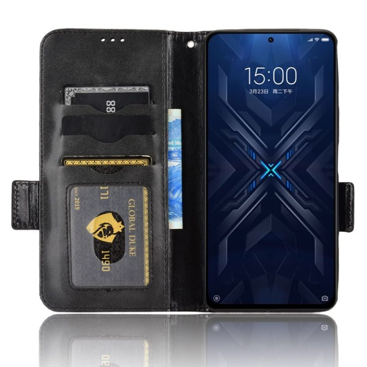 Black leather-look phone wallet case open view with card slots and front cover