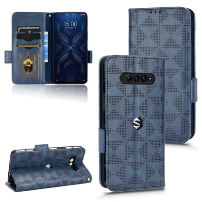 Blue leather folio phone case with symmetrical triangle pattern and side strap
