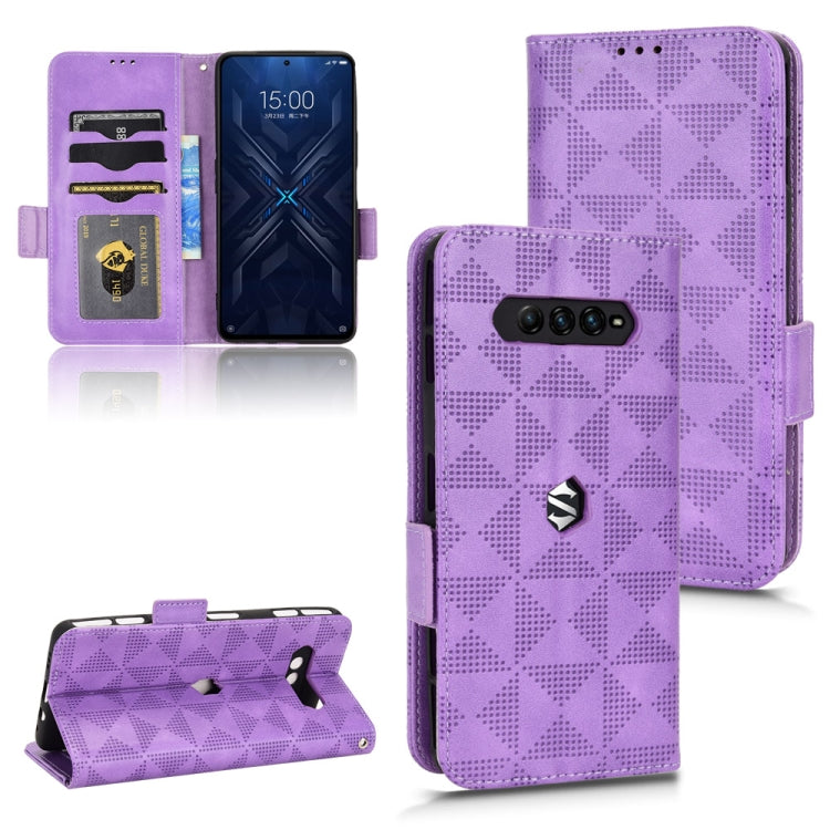 Purple leather wallet phone case with magnetic flap, front card slots, geometric pattern.