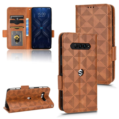 Brown leather-look wallet phone case with geometric pattern, card slots, and stand cover.