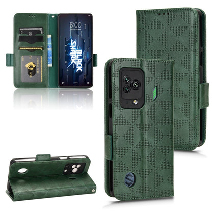 Symmetrical triangle leather phone case with flip cover, green, camera cutout and strap