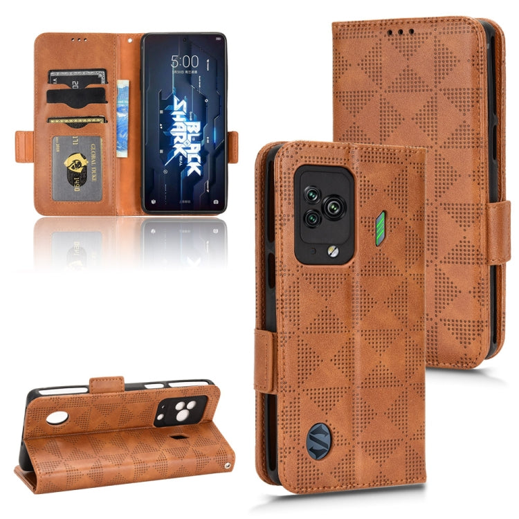 Brown geometric-pattern wallet phone case with card slots and flip cover, shown front and back.