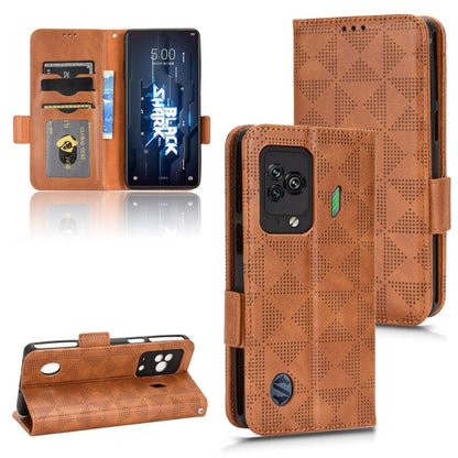Brown geometric-pattern wallet phone case with card slots and flip cover, shown front and back.