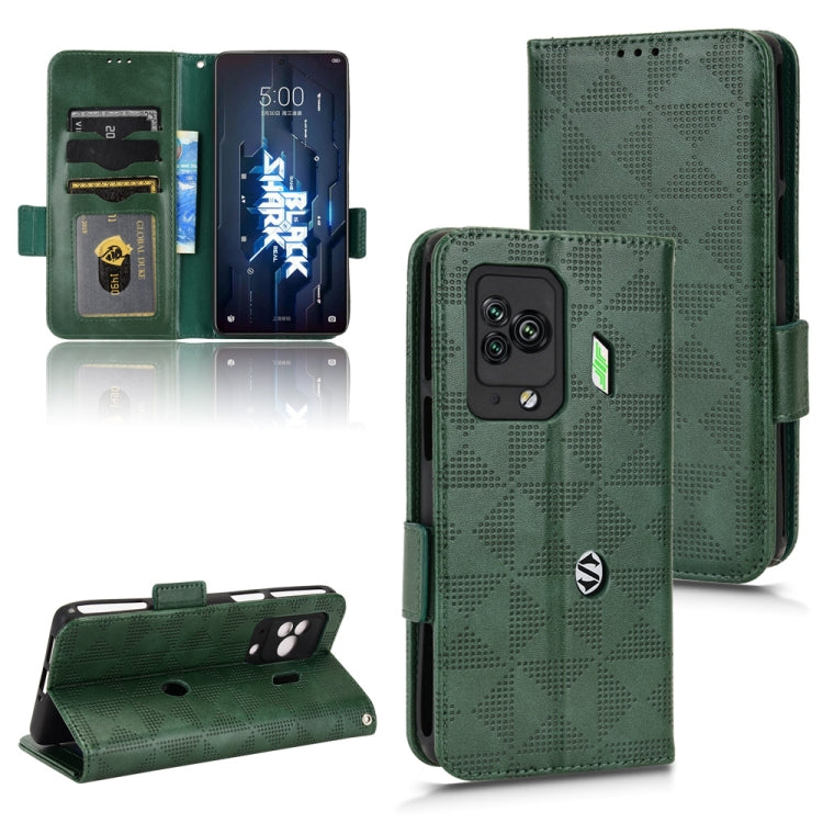Symmetrical triangle leather phone case with flip cover, green, wallet-style card holder