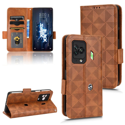 Brown geometric wallet phone case with card holders and magnetic flip, front and back views.