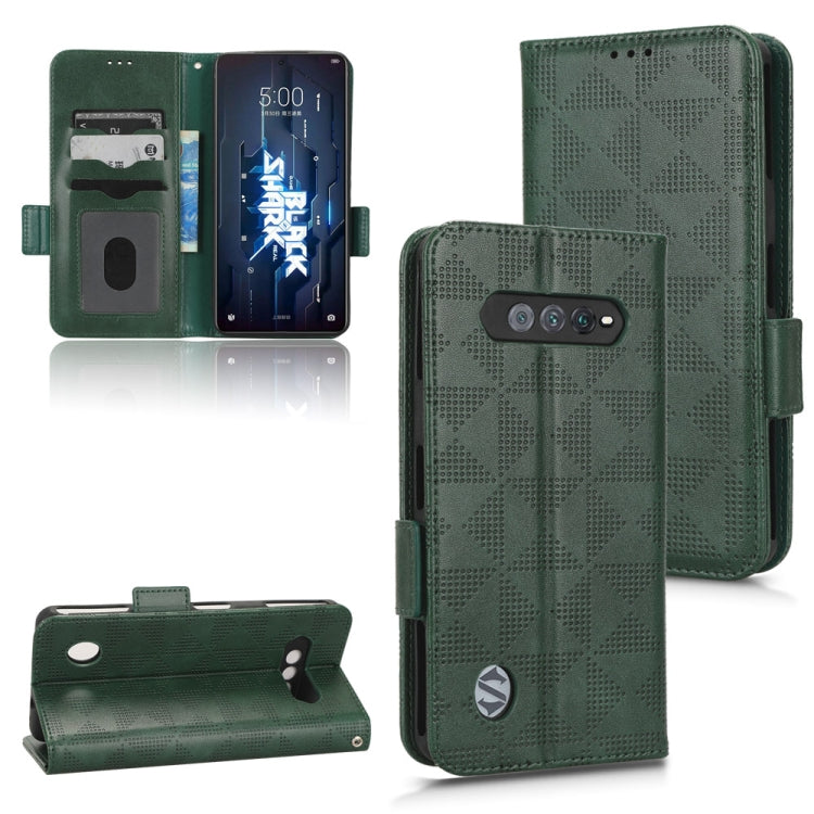 Symmetrical triangle leather phone case with flip cover, green, card slots and kickstand
