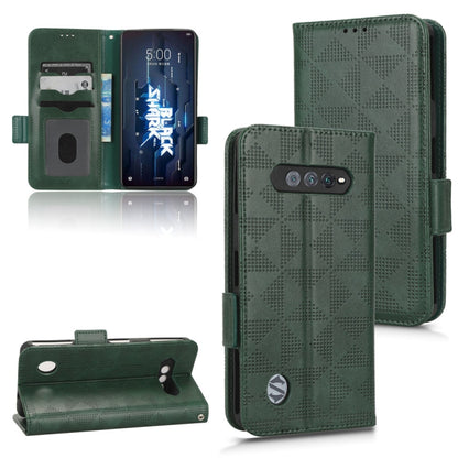 Symmetrical triangle leather phone case with flip cover, green, card slots and kickstand