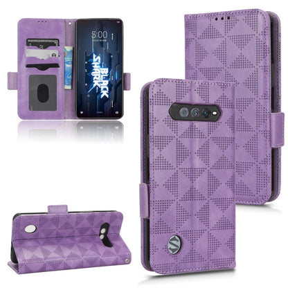 Purple leather wallet-style phone case with magnetic flap and card slots, geometric pattern.
