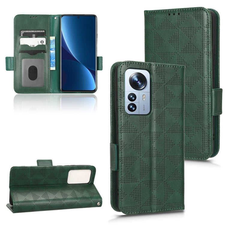 Symmetrical triangle leather phone case with flip cover, green, camera cutout and side buttons